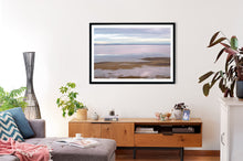 Load image into Gallery viewer, Photographic wall art, depicting ibises at sunset in San Remo, near Phillip Island, with a black frame. Browse to find a frame and photo combination that suits your living space.