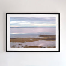 Load image into Gallery viewer, Photographic wall art, depicting ibises at sunset in San Remo, near Phillip Island, with a black frame. Browse to find a frame and photo combination that suits your decor.