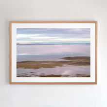 Load image into Gallery viewer, Photographic wall art, depicting ibises at sunset in San Remo, near Phillip Island, with an Australian oak frame. Browse to find a frame and photo combination that suits your decor.