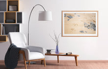 Load image into Gallery viewer, Photographic fine art print. Wall art depicting bird footprints at Cat Bay, Phillip Island, Victoria, with an Australian oak frame. Browse to find a frame and photo combination that compliments your living space.