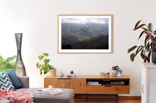 Load image into Gallery viewer, Wall art depicting Mount Buller and black cockatoos framed in Australian oak.
