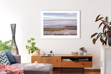 Load image into Gallery viewer, Photographic wall art, depicting ibises at sunset in San Remo, near Phillip Island, with a white frame. Browse to find a frame and photo combination that suits your living space. 
