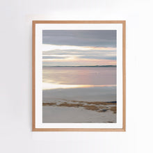 Load image into Gallery viewer, Photographic wall art, depicting ibises at sunset in San Remo, near Phillip Island, with an Australian oak frame. Browse to find a frame and photo combination that suits your decor.
