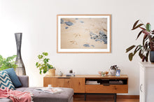 Load image into Gallery viewer, Photographic fine art print. Wall art depicting bird footprints at Cat Bay, Phillip Island, Victoria, with an Australian oak frame. Browse to find a frame and photo combination that compliments your living space.
