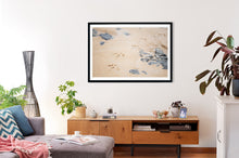 Load image into Gallery viewer, Photographic fine art, bird footprints at Cat Bay, Phillip Island, Victoria, with a black frame. Browse to find a frame and photo combination that suits your decor.
