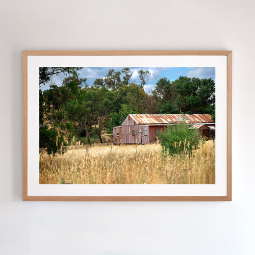 Photographic wall art (fine art print), depicting a rusty red Shed, near Yea, Victoria, with an Australian oak frame. Browse to find a frame and photo combination that suits your decor. 