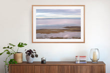 Load image into Gallery viewer, Photographic wall art, depicting ibises at sunset in San Remo, near Phillip Island, with an Australian oak frame. Browse to find a frame and photo combination that suits your decor.
