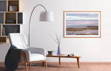 Load image into Gallery viewer, Photographic wall art, depicting ibises at sunset in San Remo, near Phillip Island, with an Australian oak frame. Browse to find a frame and photo combination that suits the decor of your home.
