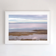 Load image into Gallery viewer, Photographic wall art, depicting ibises at sunset in San Remo, near Phillip Island, with a white frame. Browse to find a frame and photo combination that suits your decor. 
