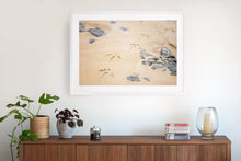 Load image into Gallery viewer, Photographic fine art print, footprints at Cat Bay, Phillip Island, Victoria, with a white frame. Browse to find a frame and photo combination that suits your decor. 
