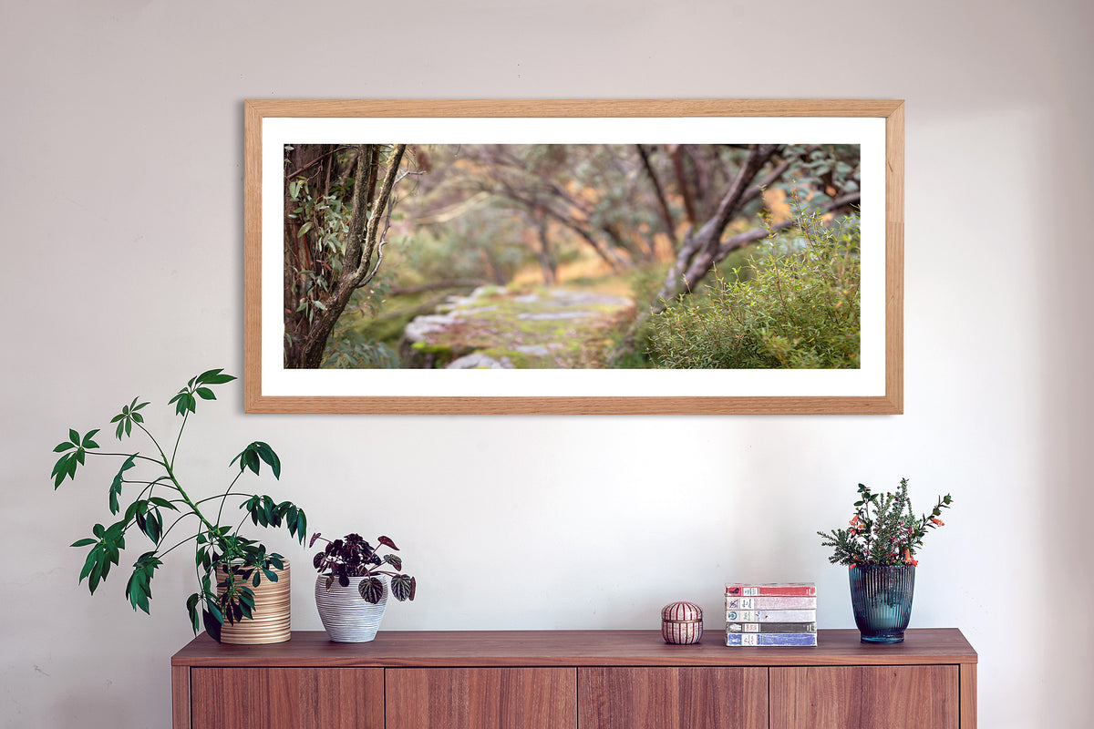 Panorama wall art, Mount Buller, Victoria,  depicting Autumn hues, with an Australian oak frame. Browse to find a frame and photo combination that suits your decor. 