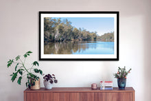 Load image into Gallery viewer, Fine art print by Wayne MItchell. This Panoramic fine art photograph of a black swan on Murray River comes with three  frames options: Oak, white or black. Or choose the “unframed” option to mount in your own frame.
