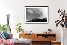 Load image into Gallery viewer, Lone seabird flying into a strong south wind (kareela). This black and white image, framed in a black frame has a dramatic feel.
